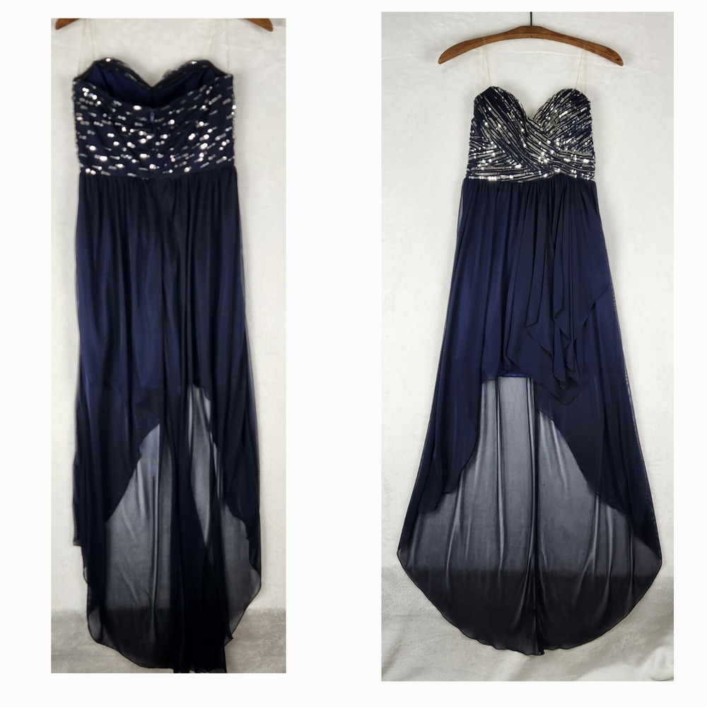 My Michelle Gown Women's 3 Blue Strapless High Low Hem Sequins Prom Dance Dress